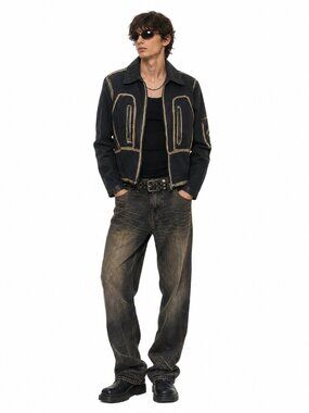 Share Gazzarrini Vintage Y2K Denim Jacket 2000s Style Black Gold Stitch Size S